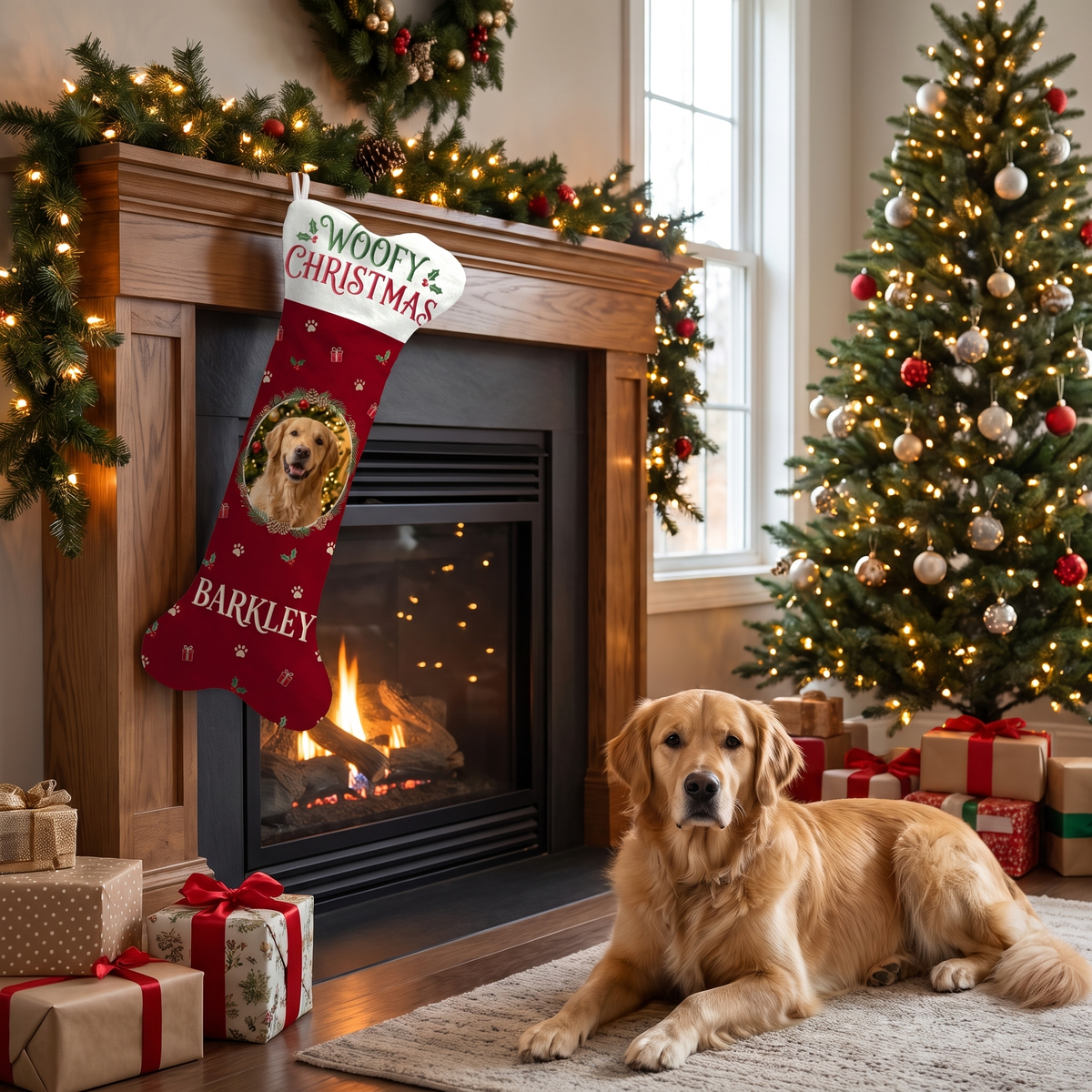 Personalized Woofy Christmas Wreath dog bone Christmas stocking, view 4