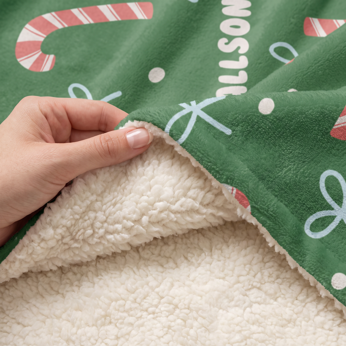 Custom name candy cane bow pattern Christmas hooded blanket, view 4