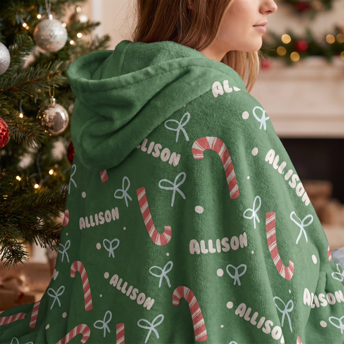 Custom name candy cane bow pattern Christmas hooded blanket, view 5