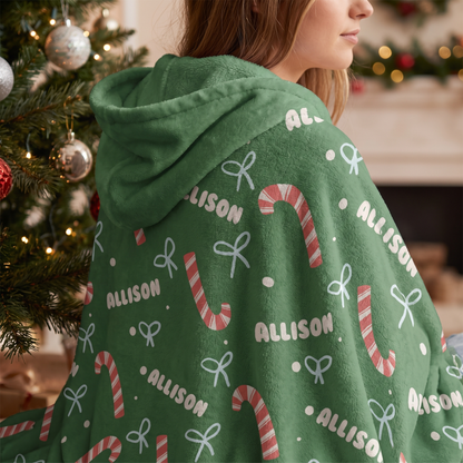 Custom name candy cane bow pattern Christmas hooded blanket, view 5