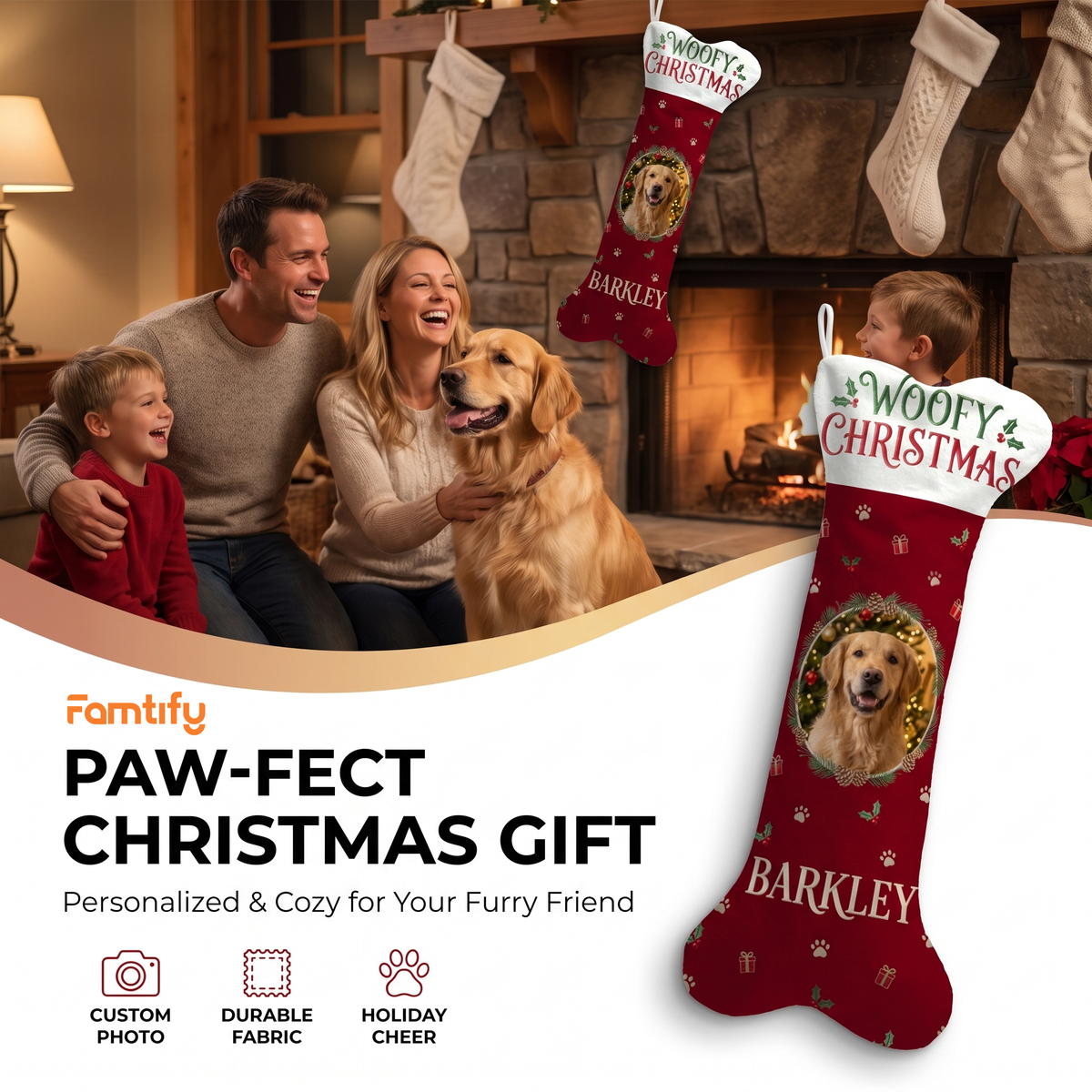 Personalized Woofy Christmas Wreath dog bone Christmas stocking, view 6