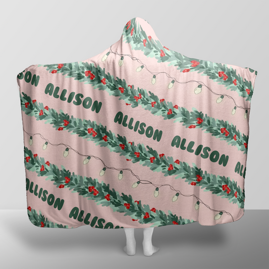 Personalized Christmas garland stripe hooded blanket with custom name, back view