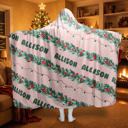 Custom name Christmas garland stripe hooded blanket, view 2