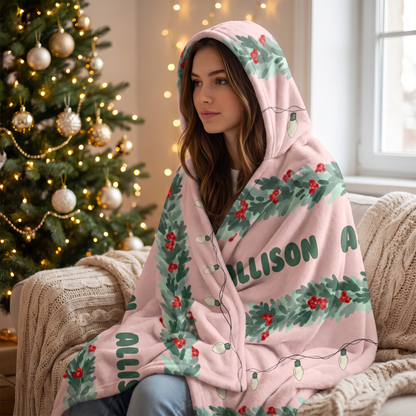 Custom name Christmas garland stripe hooded blanket, view 3