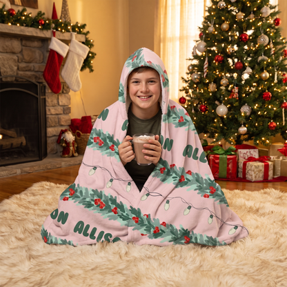 Custom name Christmas garland stripe hooded blanket, view 4