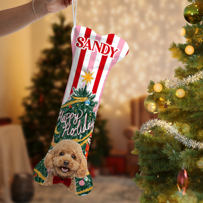 Personalized Happy Holiday Christmas Tree dog bone Christmas stocking with custom dog photo and name