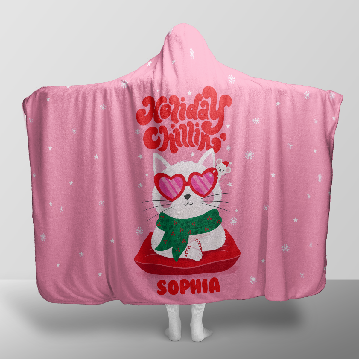 Personalized holiday chillin cool cat Christmas hooded blanket with custom name, back view