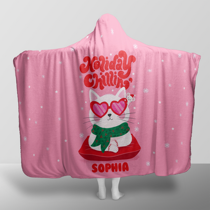 Personalized holiday chillin cool cat Christmas hooded blanket with custom name, back view
