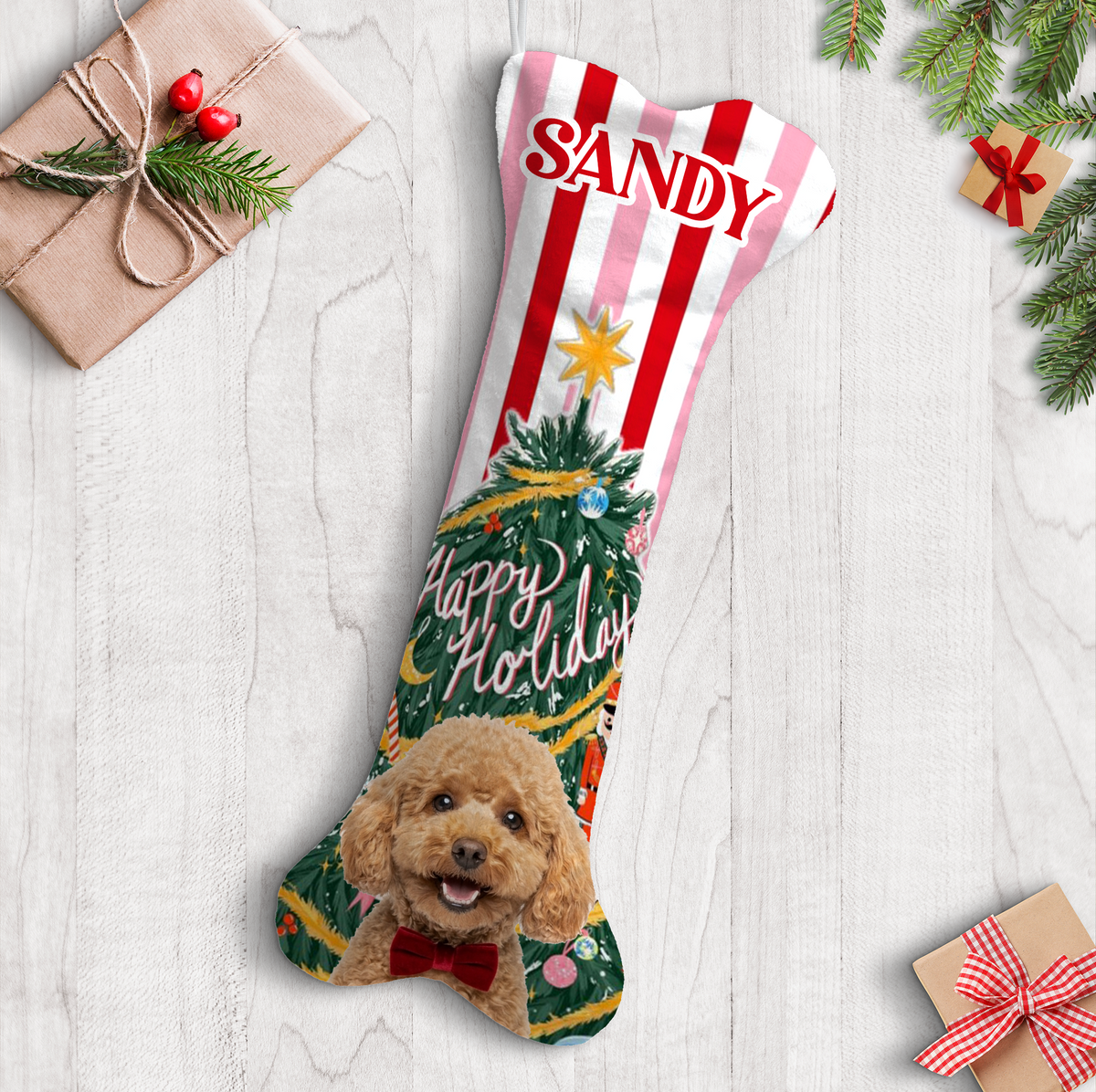 Personalized Happy Holiday Christmas Tree dog bone Christmas stocking, view 2