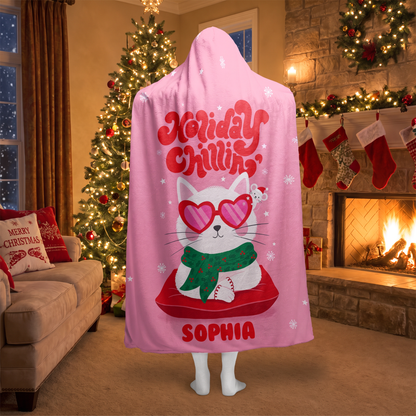 Custom name holiday chillin cool cat Christmas hooded blanket, view 2