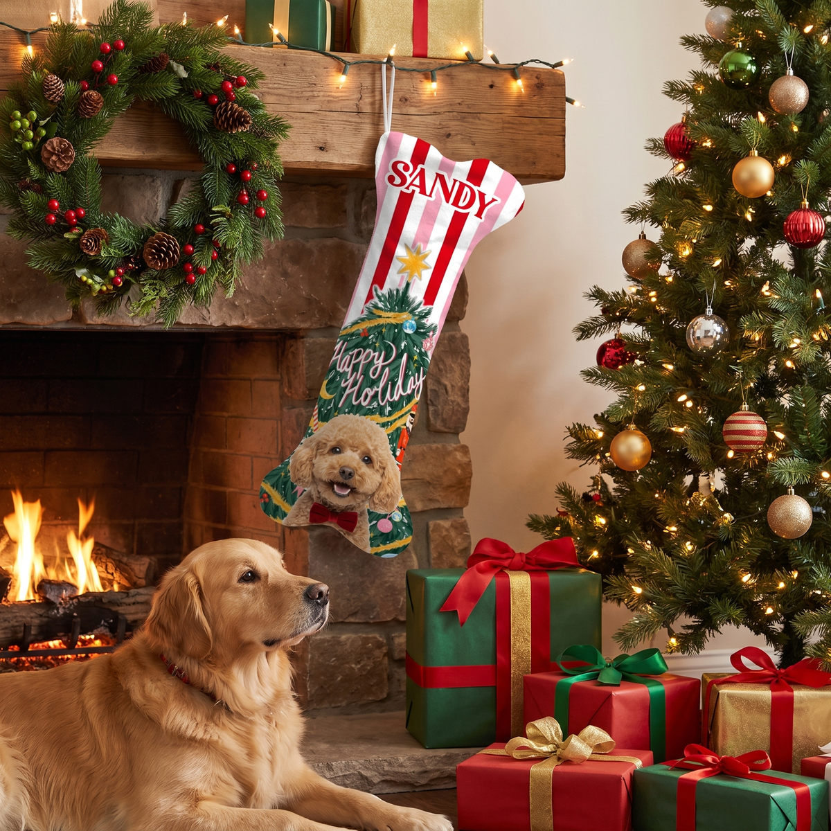 Personalized Happy Holiday Christmas Tree dog bone Christmas stocking, view 3
