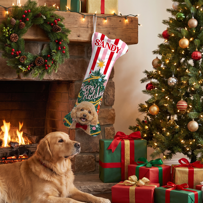 Personalized Happy Holiday Christmas Tree dog bone Christmas stocking, view 3