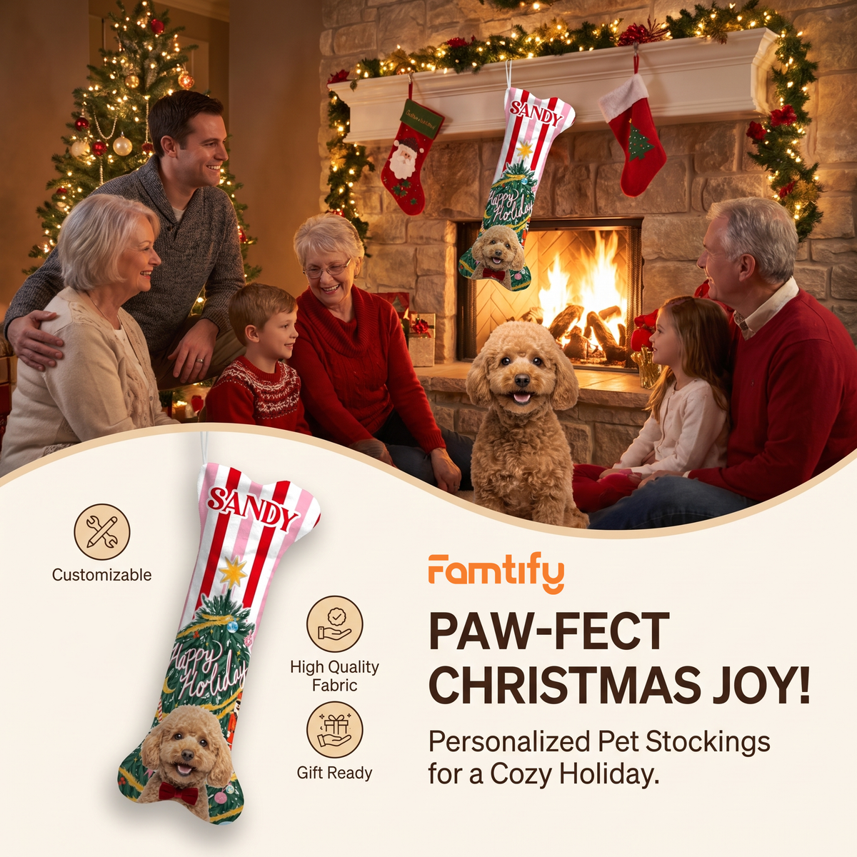 Personalized Happy Holiday Christmas Tree dog bone Christmas stocking, view 5