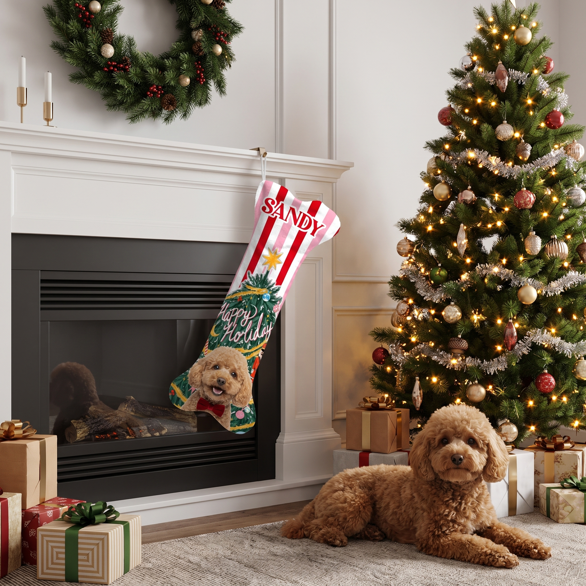 Personalized Happy Holiday Christmas Tree dog bone Christmas stocking, view 6