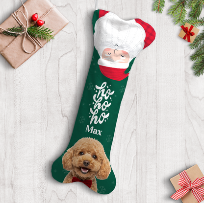 Personalized Ho Ho Ho Santa Topper dog bone Christmas stocking with custom dog photo and name