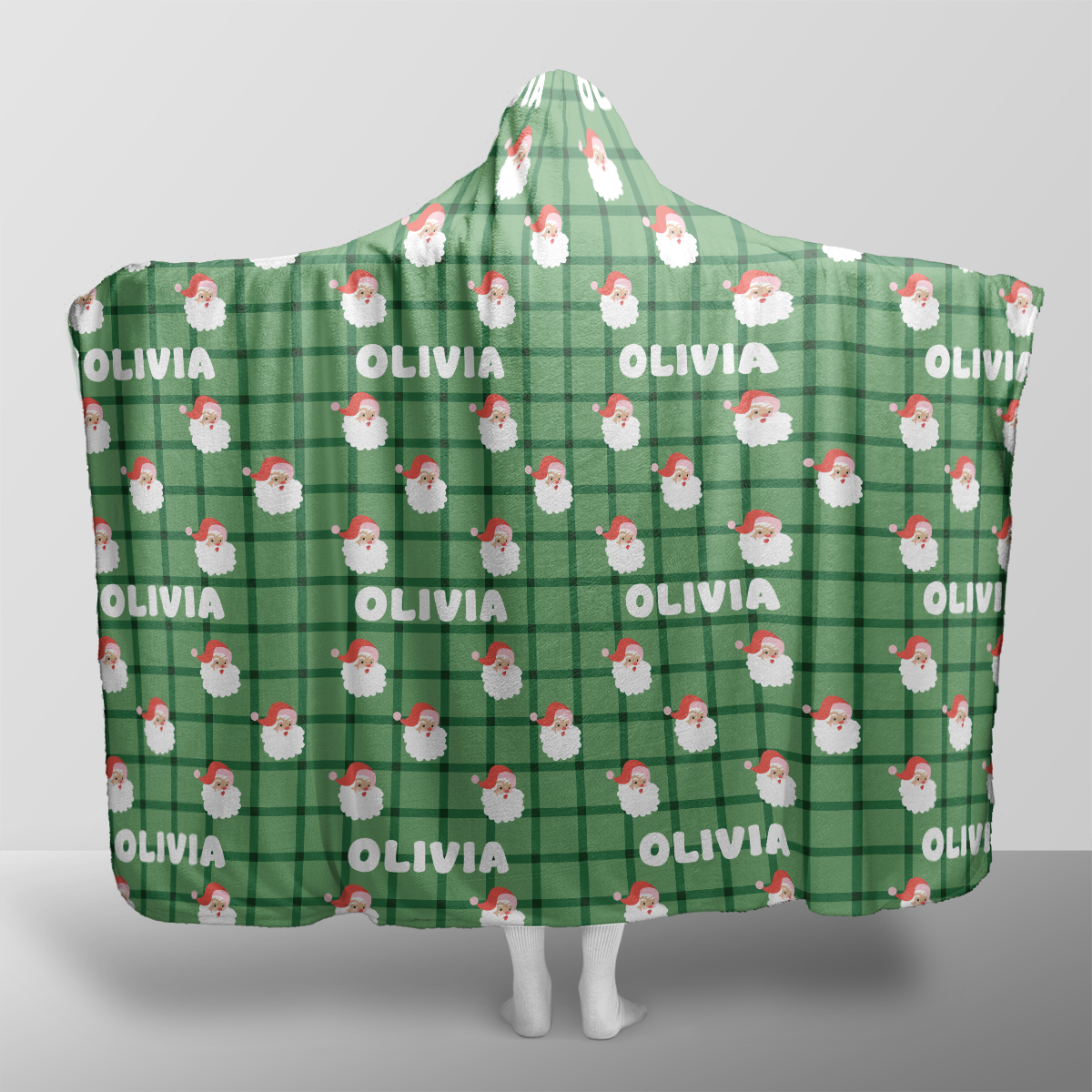 Personalized Santa plaid pattern Christmas hooded blanket with custom name, back view