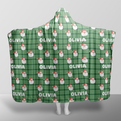 Personalized Santa plaid pattern Christmas hooded blanket with custom name, back view