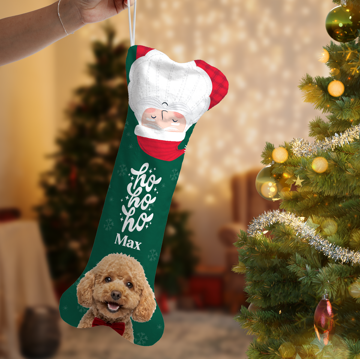 Personalized Ho Ho Ho Santa Topper dog bone Christmas stocking, view 2