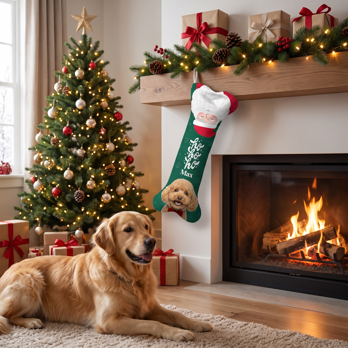 Personalized Ho Ho Ho Santa Topper dog bone Christmas stocking, view 3