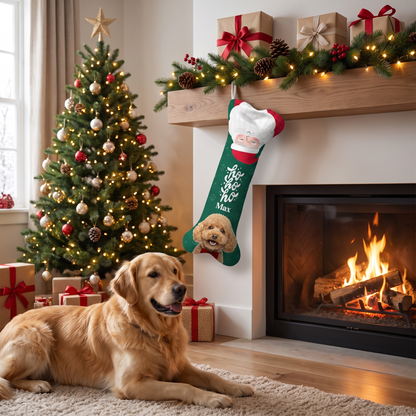 Personalized Ho Ho Ho Santa Topper dog bone Christmas stocking, view 3