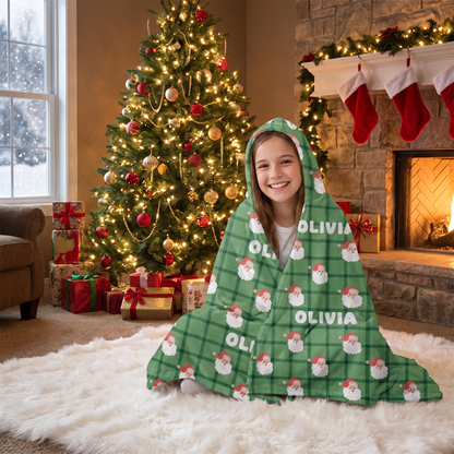 Custom name Santa plaid pattern Christmas hooded blanket, view 3