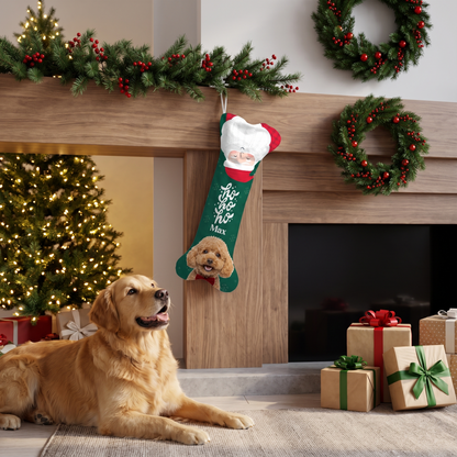 Personalized Ho Ho Ho Santa Topper dog bone Christmas stocking, view 4