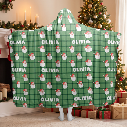Custom name Santa plaid pattern Christmas hooded blanket, view 4