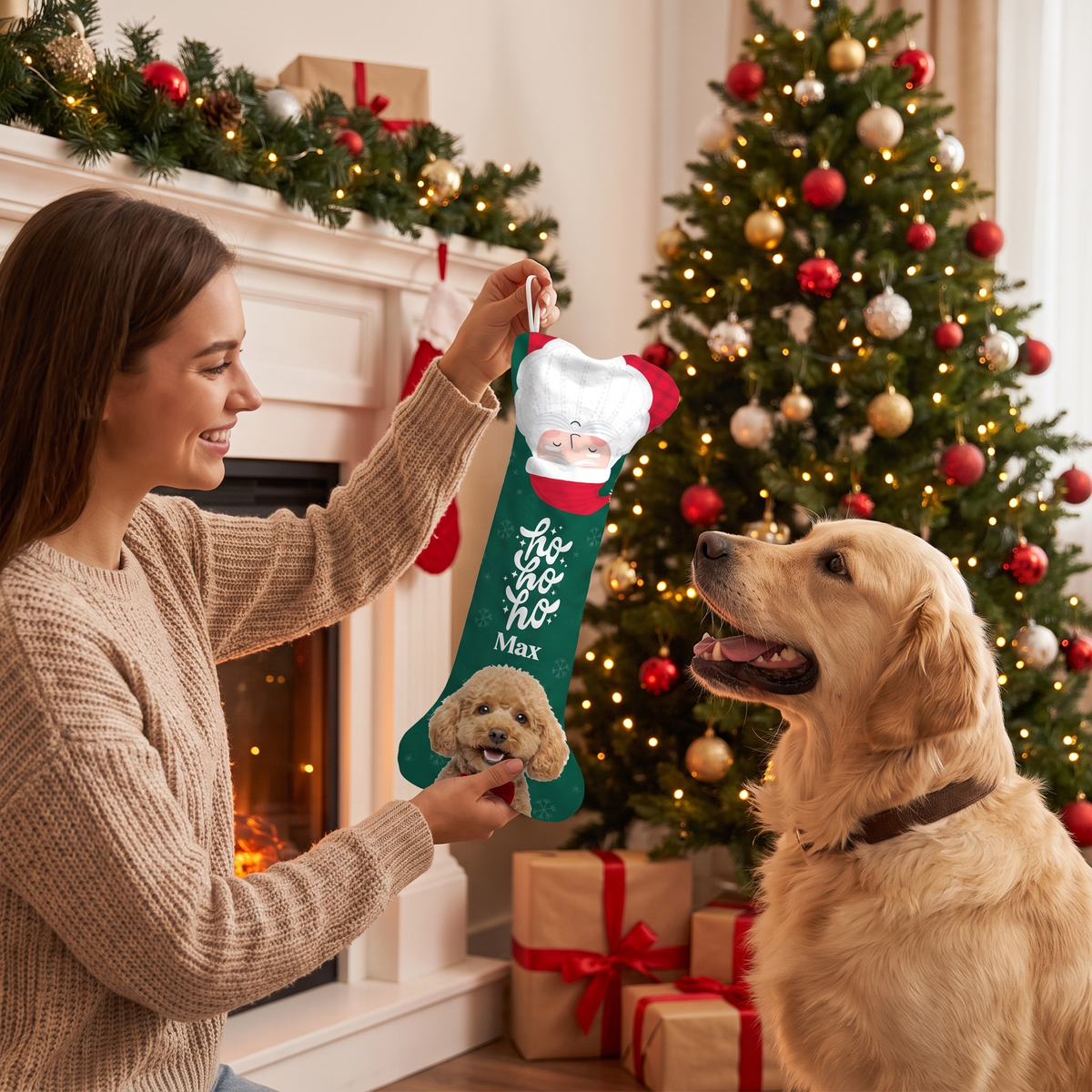 Personalized Ho Ho Ho Santa Topper dog bone Christmas stocking, view 5