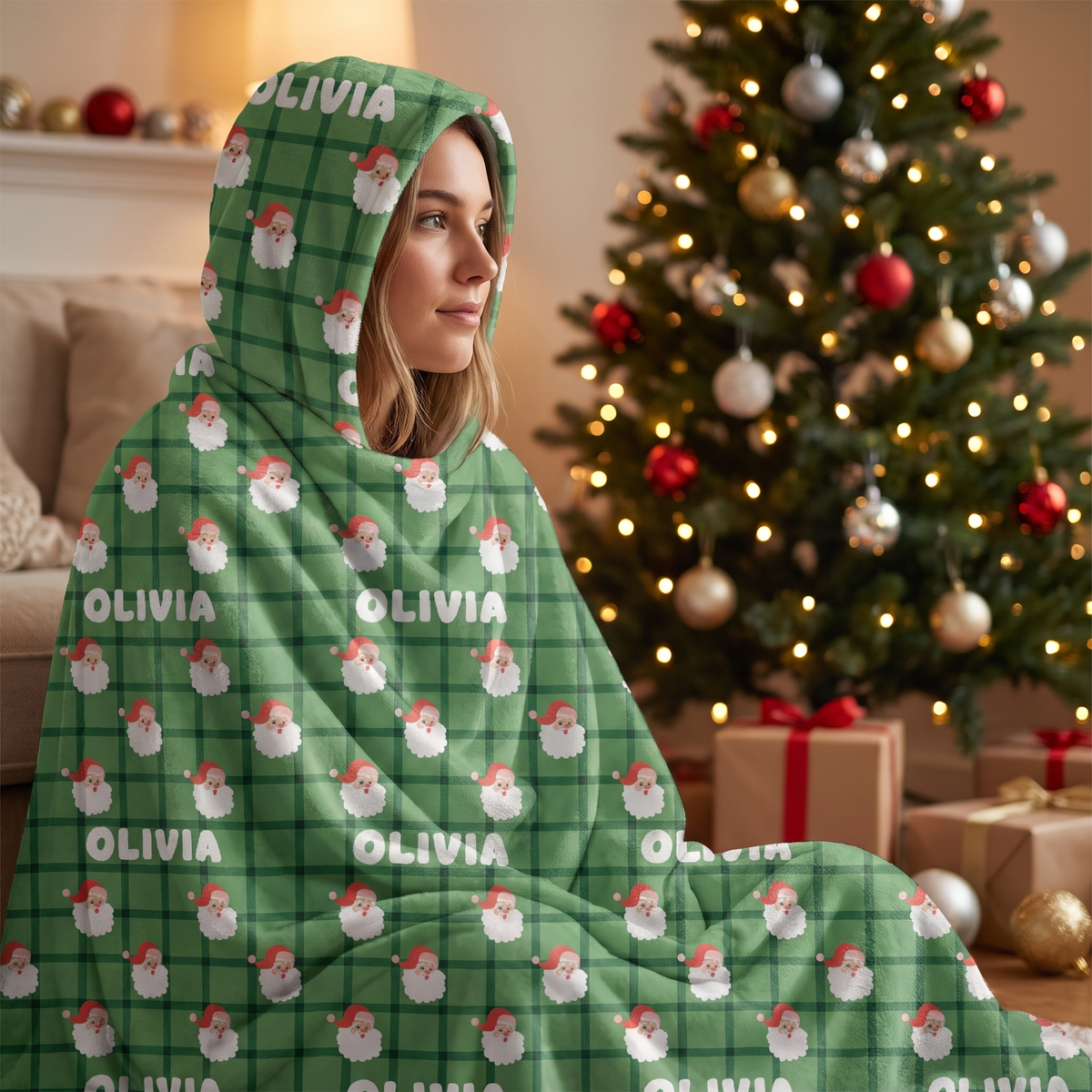 Custom name Santa plaid pattern Christmas hooded blanket, view 5