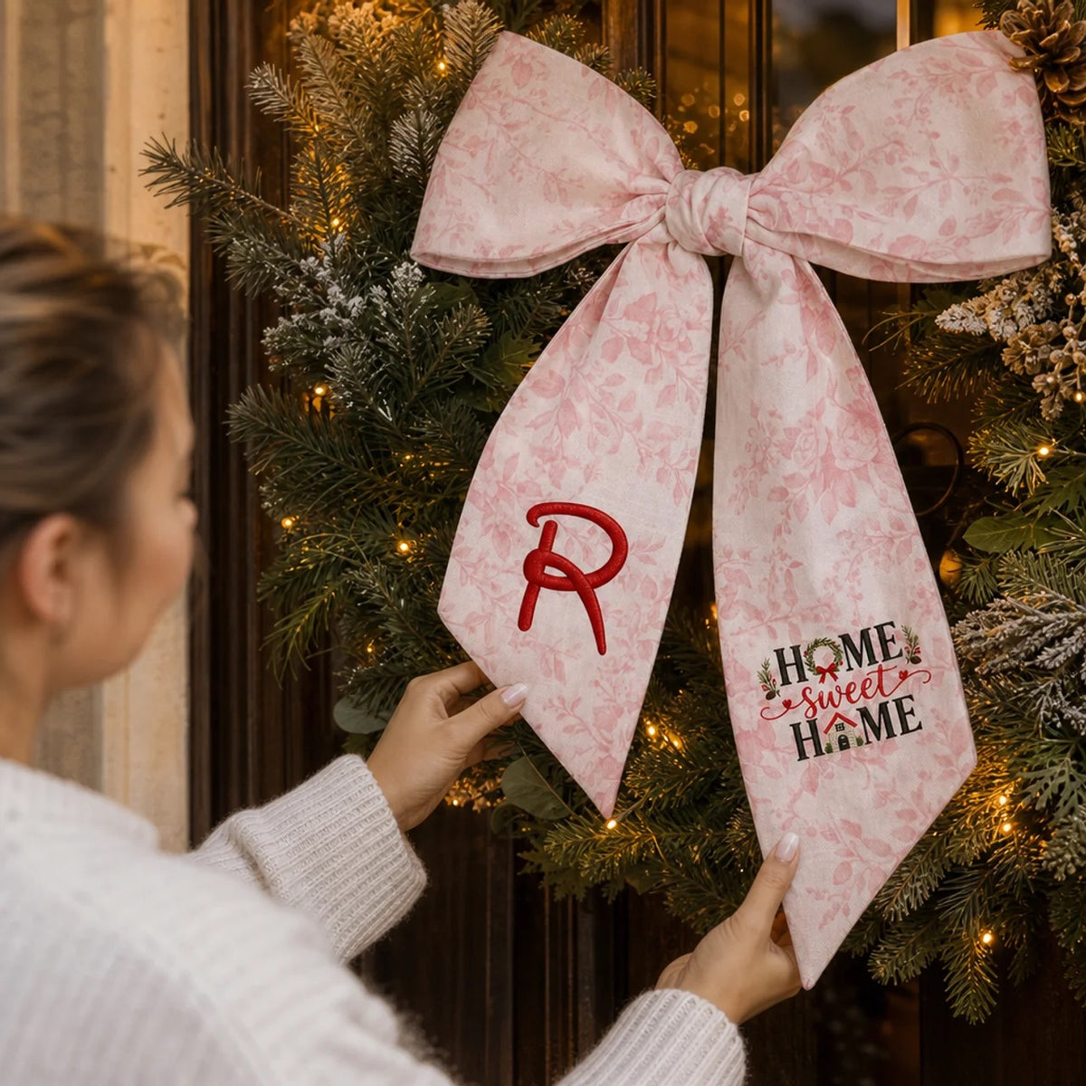 Custom Monogram Home Sweet Home Embroidered Linen Door Wreath Sash, Personalized Initial Wreath House Typography Holiday Wreath Sash & Front Door Decor