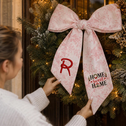 Custom Monogram Home Sweet Home Embroidered Linen Door Wreath Sash, Personalized Initial Wreath House Typography Holiday Wreath Sash & Front Door Decor