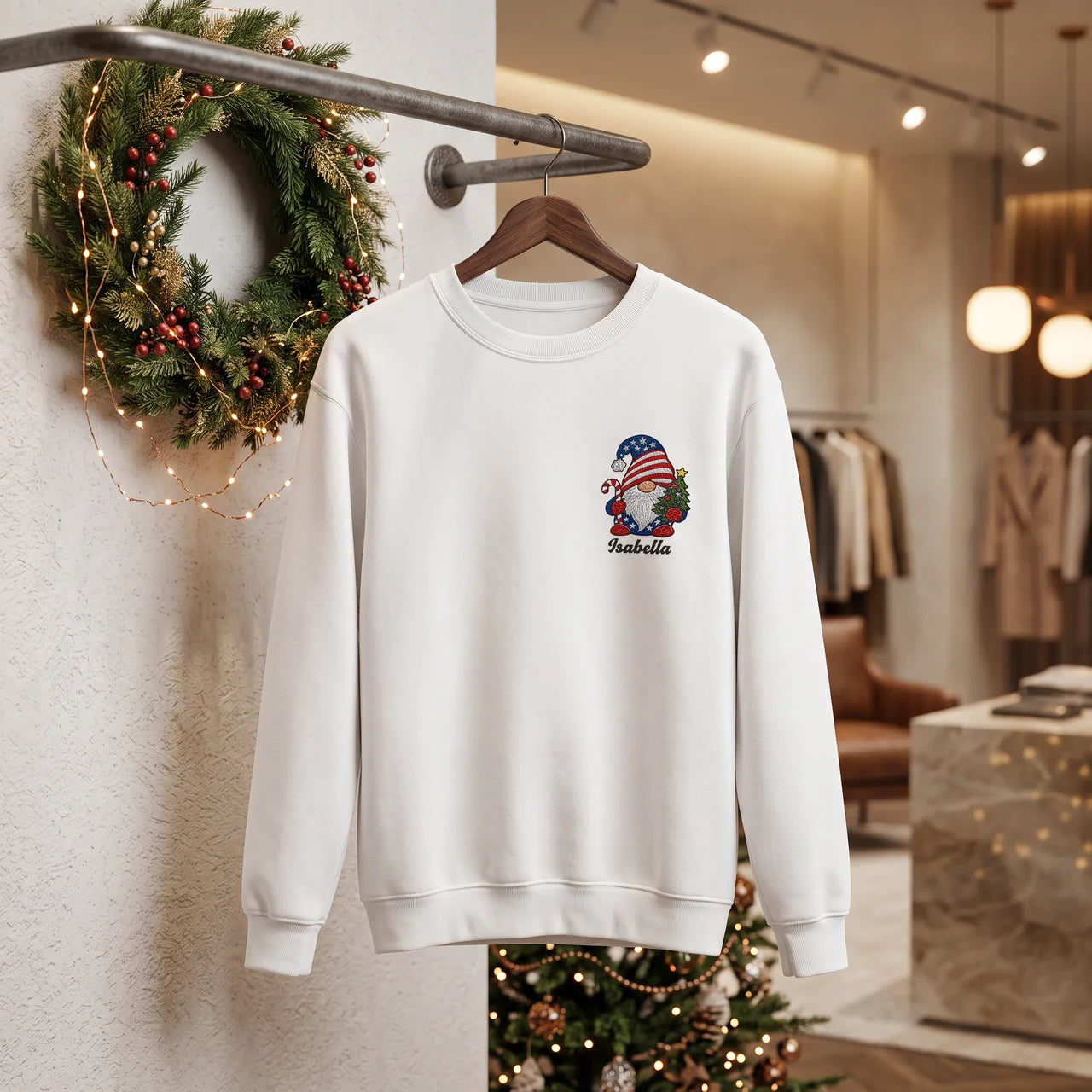 Personalized Patriotic Christmas Gnome Embroidered Sweatshirt | Custom Name Holiday Crewneck Gift
