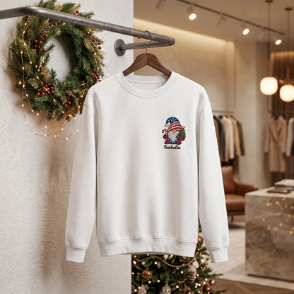 Personalized Patriotic Christmas Gnome Embroidered Sweatshirt | Custom Name Holiday Crewneck Gift