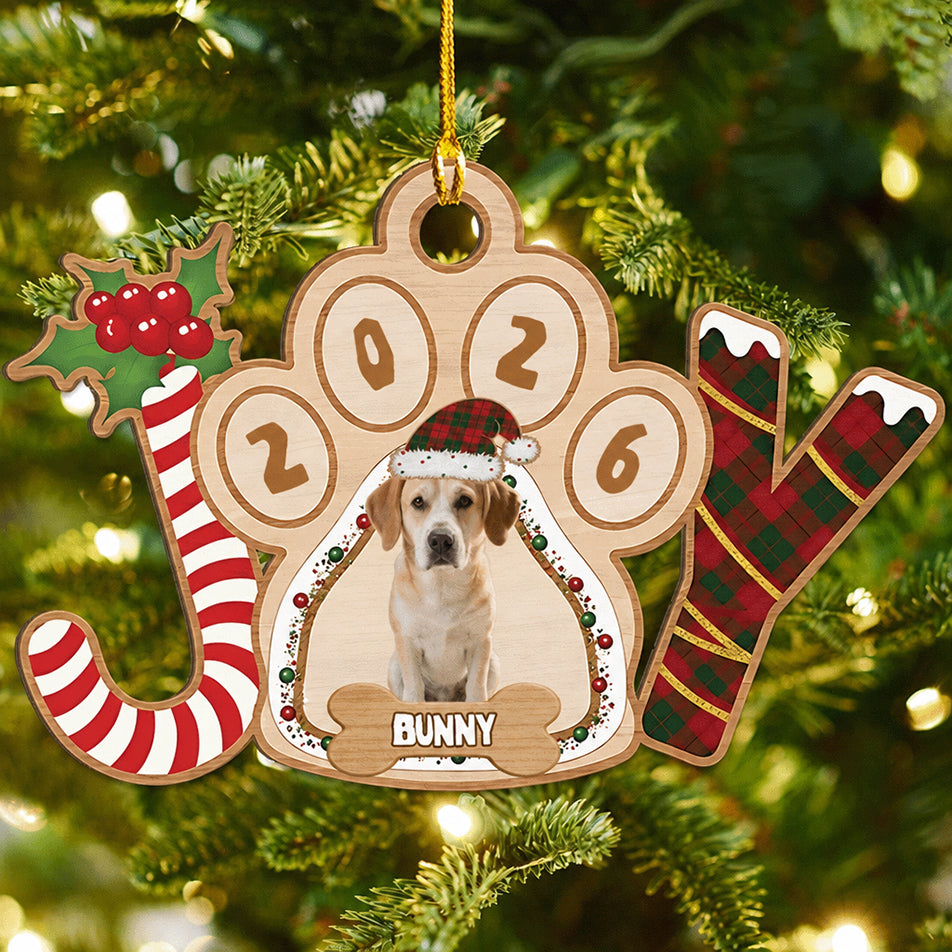 Joyful dog custom wood ornament with pet name and 2026 on the paw, Christmas gift for dog lovers