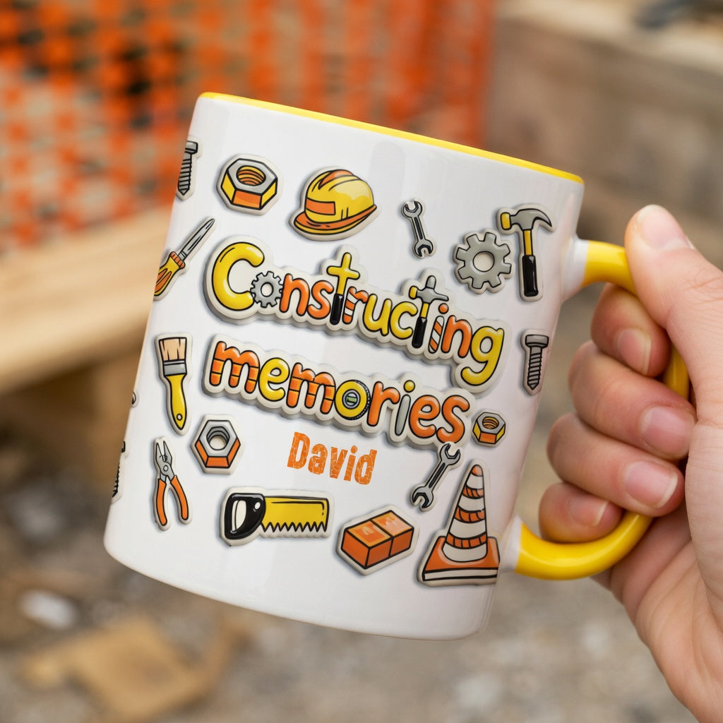 Personalized Dad Construction Mug – “Constructing Memories” Custom Name Coffee Mug
