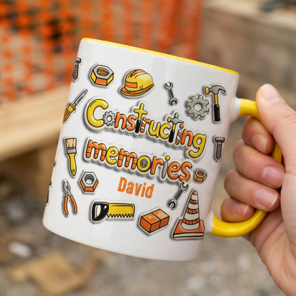 Personalized Dad Construction Mug – “Constructing Memories” Custom Name Coffee Mug