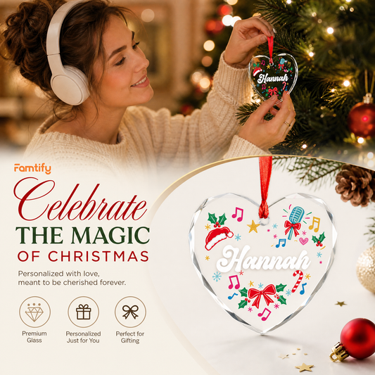 Personalized music singer heart glass ornament in a cozy holiday setting