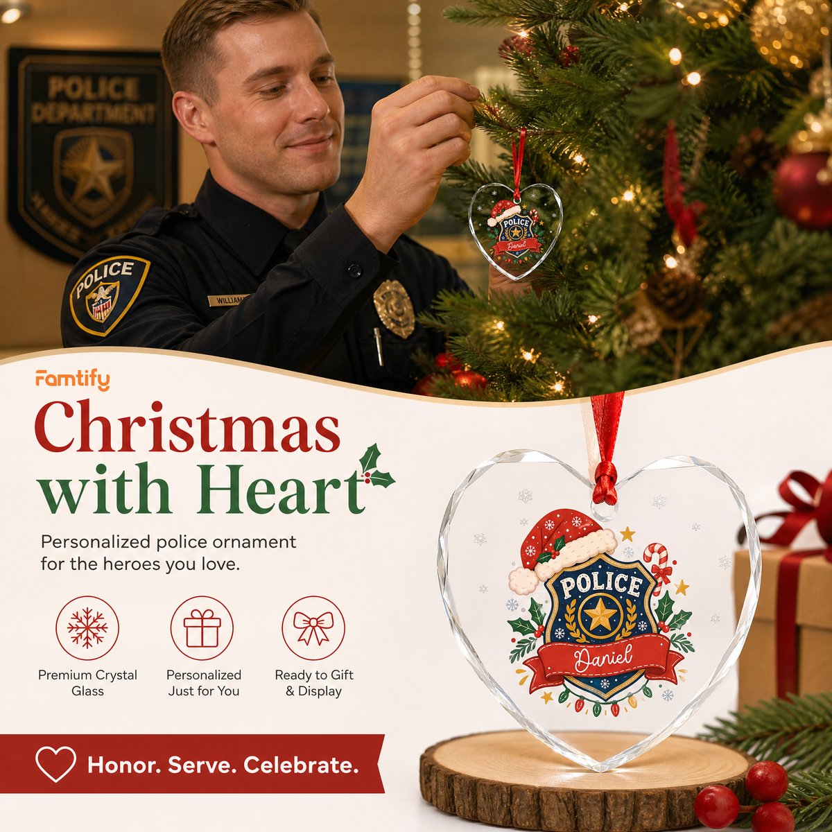 Personalized police badge heart glass ornament in a cozy holiday setting