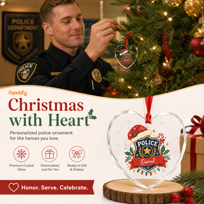 Personalized police badge heart glass ornament in a cozy holiday setting