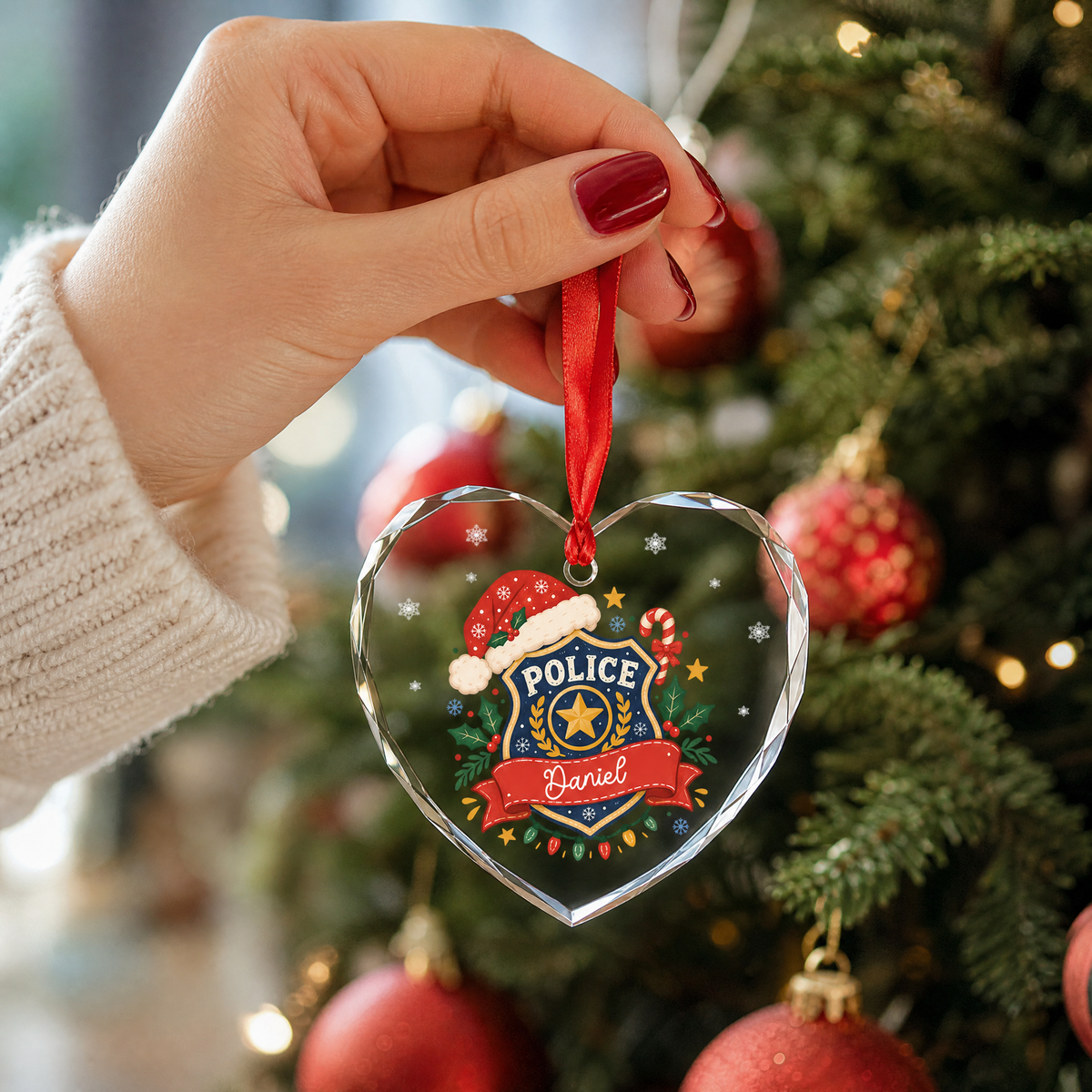 Personalized police officer heart glass ornament as a Christmas gift