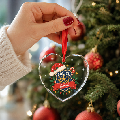 Personalized police officer heart glass ornament as a Christmas gift