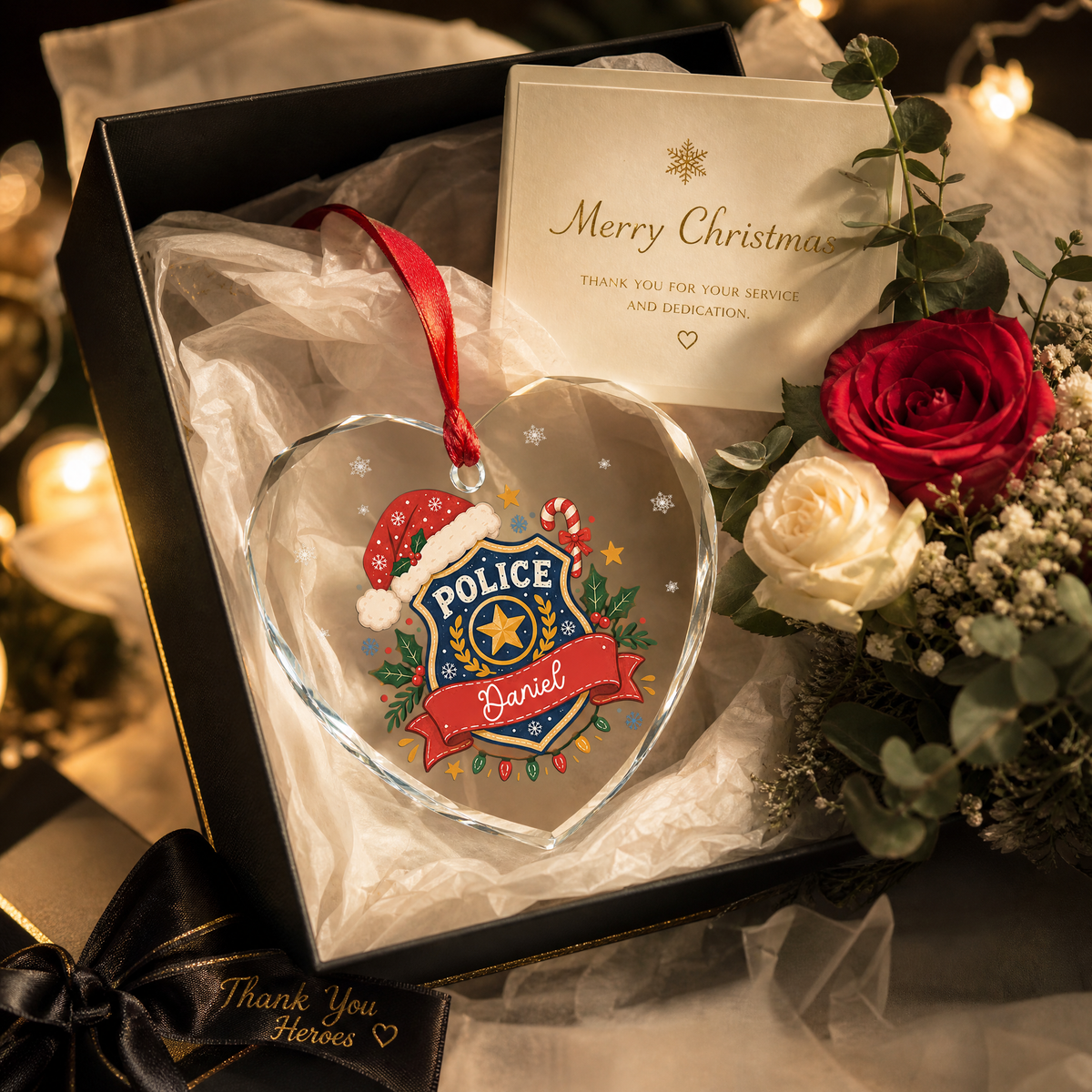 Police badge heart Christmas glass ornament keepsake