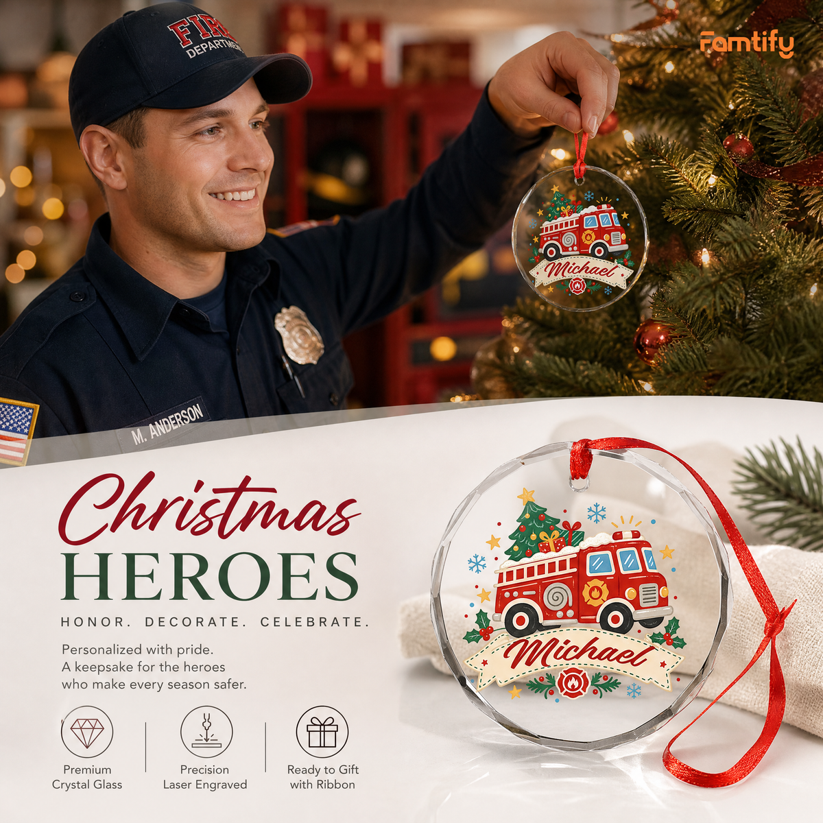 Personalized fire truck Christmas glass ornament in a cozy holiday setting