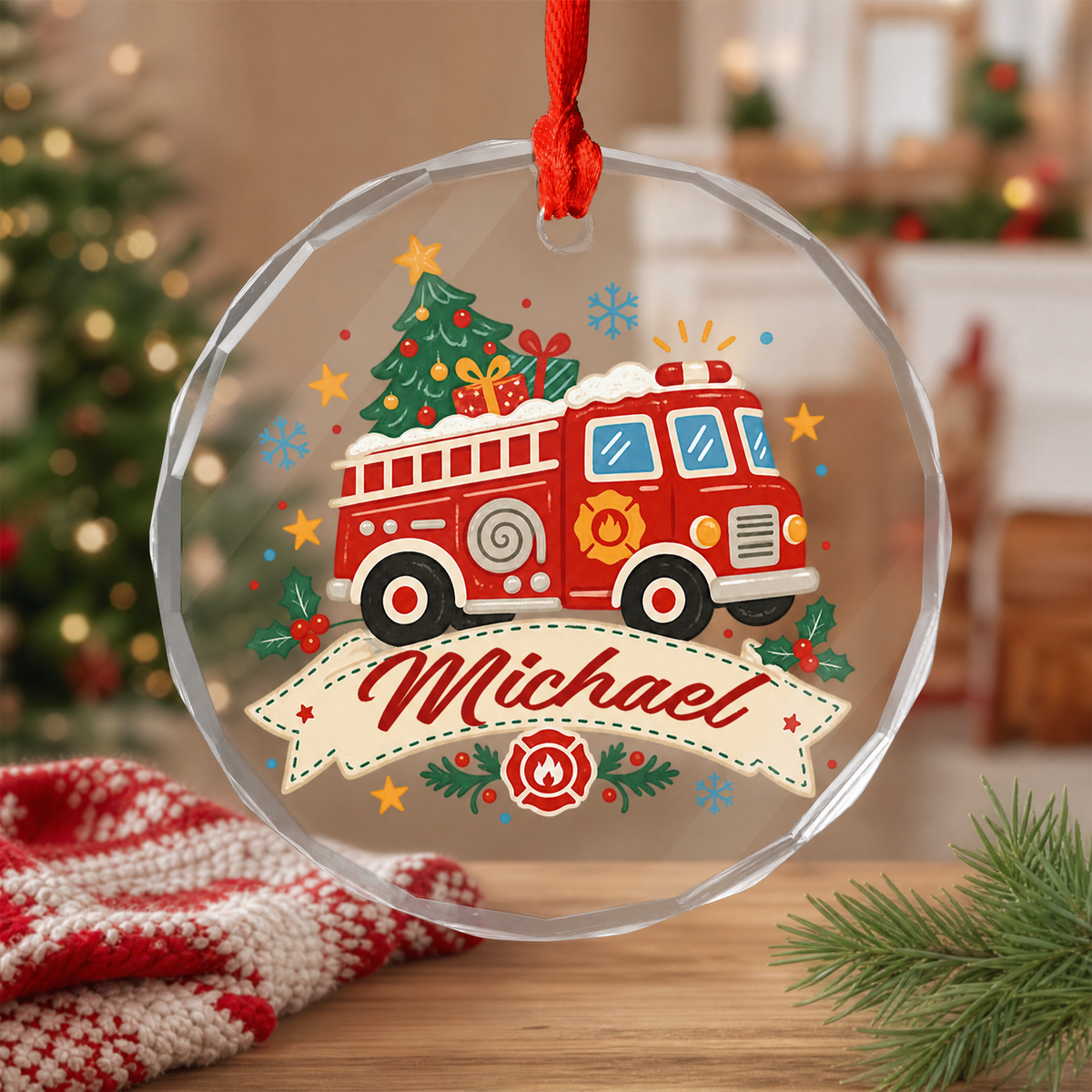 Fire truck custom name glass ornament for the Christmas tree