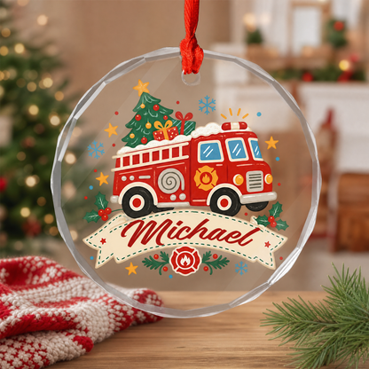 Fire truck custom name glass ornament for the Christmas tree
