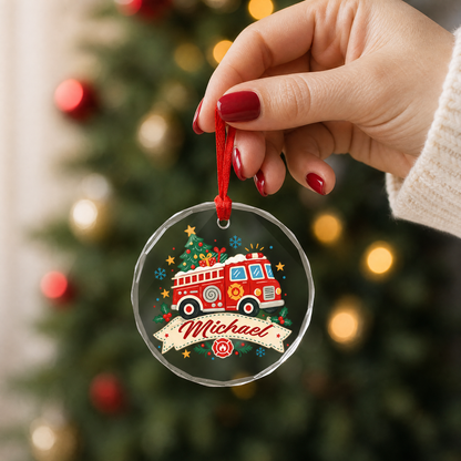 Clear glass fire truck ornament with custom name for holiday decor