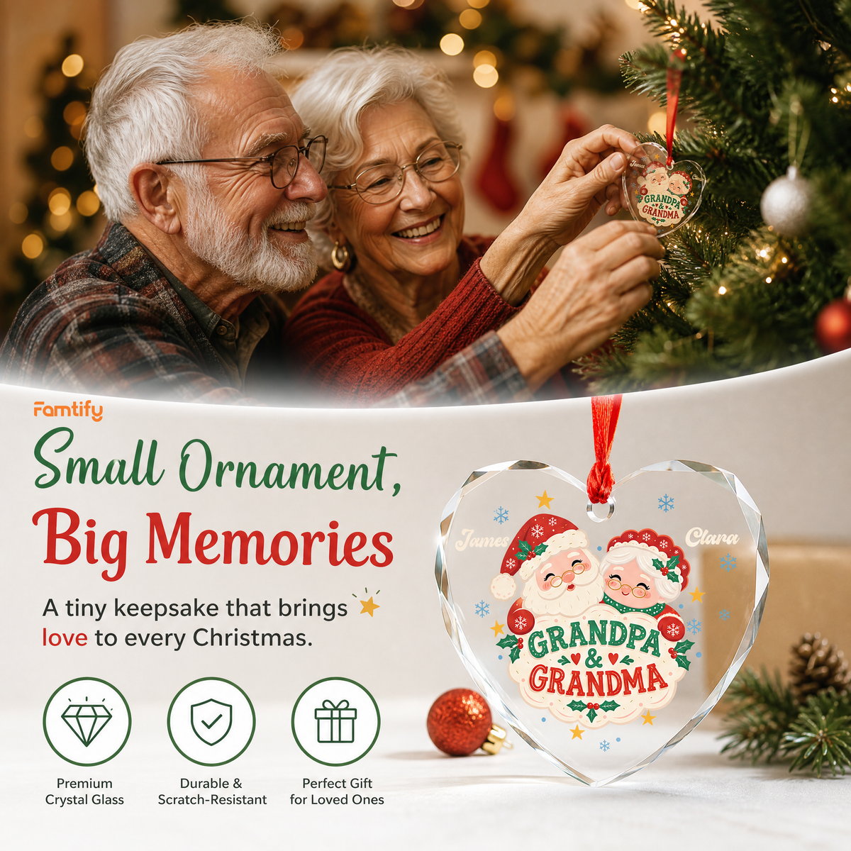 Personalized Grandpa and Grandma heart glass ornament in a cozy holiday setting
