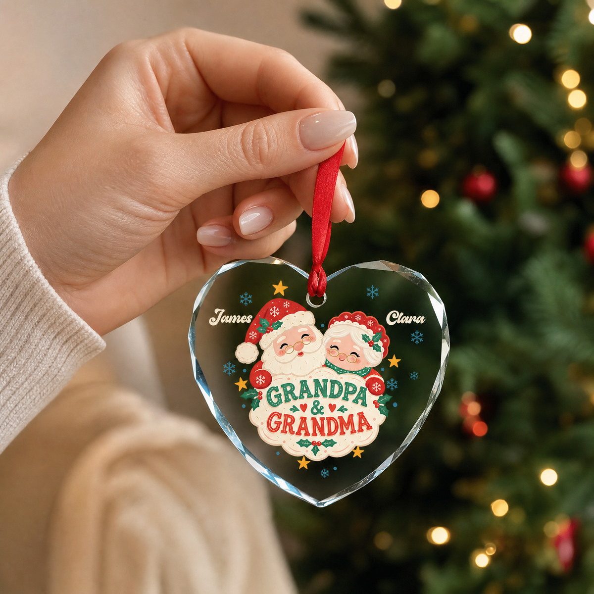 Personalized grandparents heart glass ornament as a Christmas gift