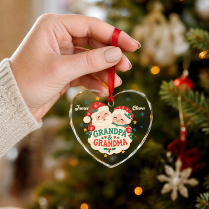 Clear glass Grandpa and Grandma ornament with names for holiday decor