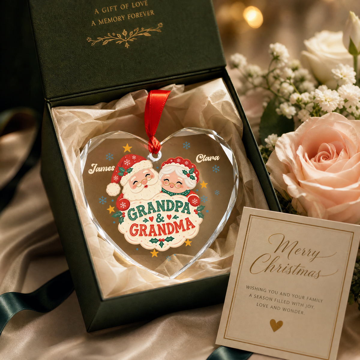 Grandpa and Grandma heart Christmas glass ornament keepsake